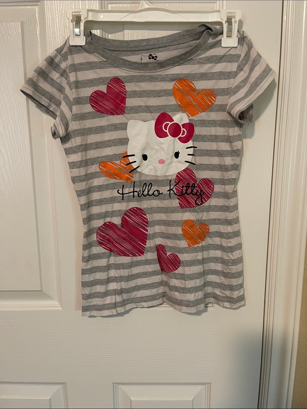 Hello Kitty Gray & White Striped Tee with Pink Bow and Orange Hearts